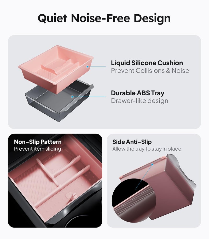 Wigoo Tesla New Model Y Juniper & Model 3 Center Console Organizer [Double Layer Space, Slide smoothly] Model 3 (2024~2025)/New Model Y Juniper Accessories, 4PCS Pink - Image 5